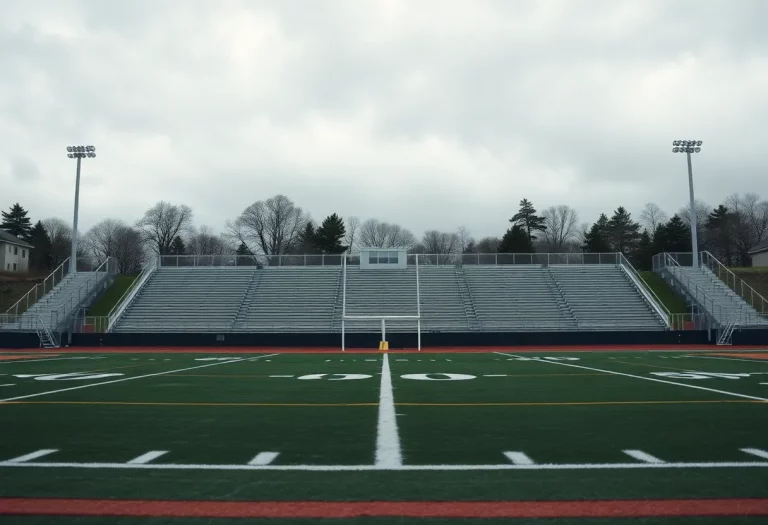 Empty Caldwell football field under a gloomy sky