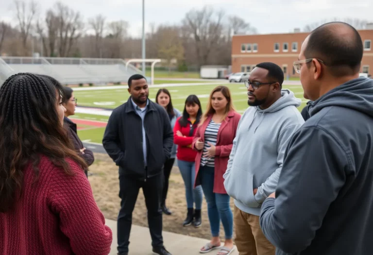Community members discussing safety concerns outside Caldwell High School.