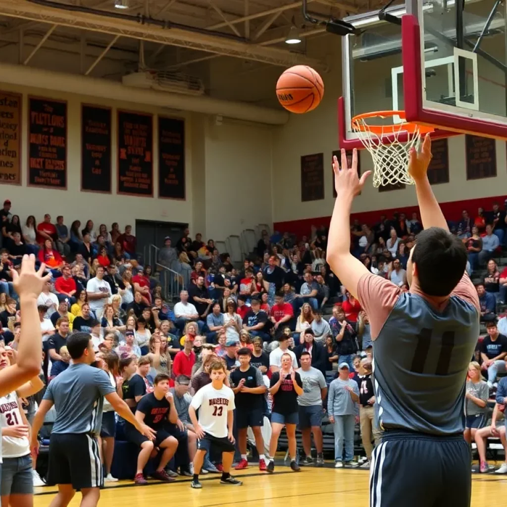 High school basketball game with fans cheering