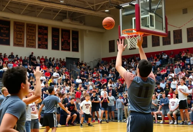 High school basketball game with fans cheering