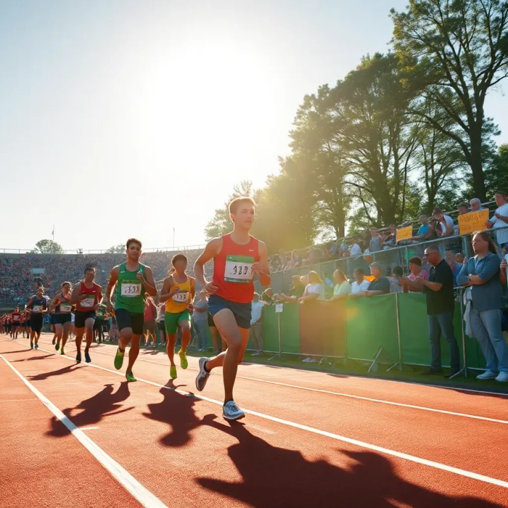 Athletes competing in a sunny California track and field event with supporters in the background.