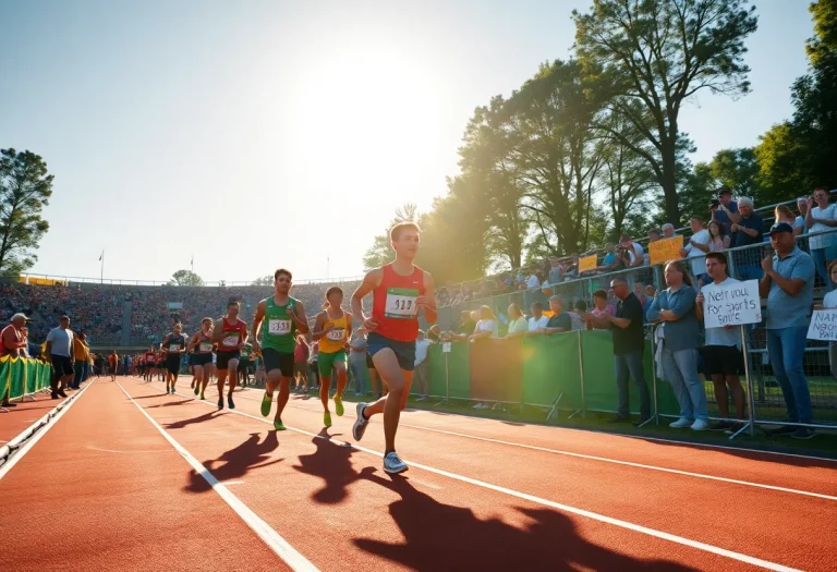Athletes competing in a sunny California track and field event with supporters in the background.