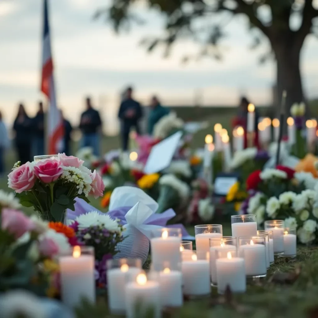 Outdoor memorial scene with candles and flowers