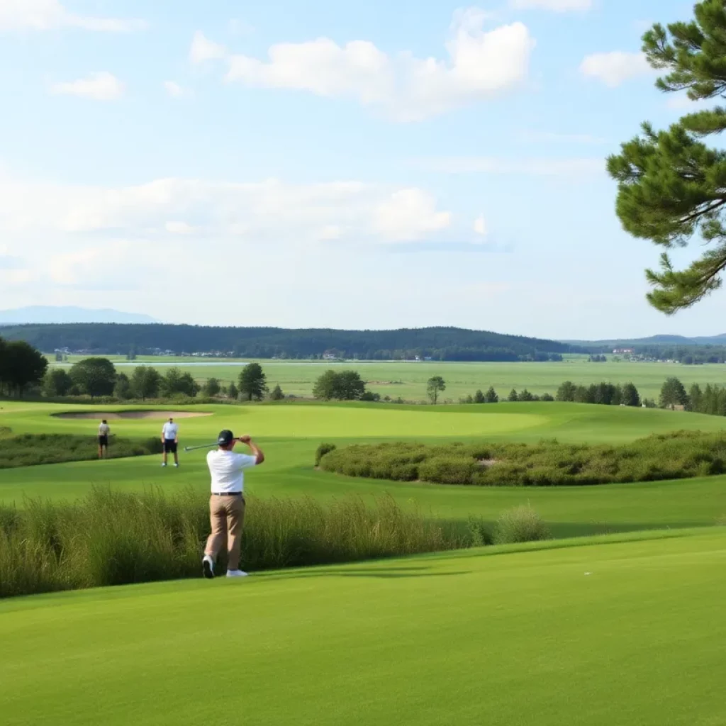 A picturesque view of golfers competing at a state finals tournament.