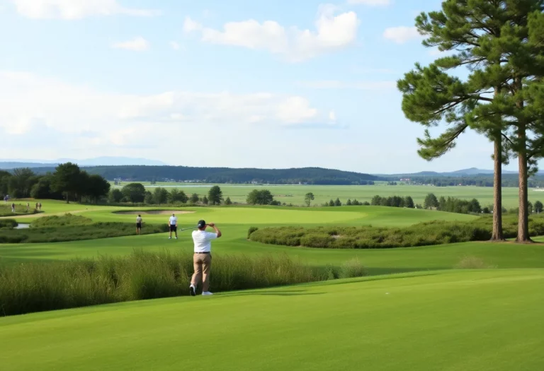 A picturesque view of golfers competing at a state finals tournament.