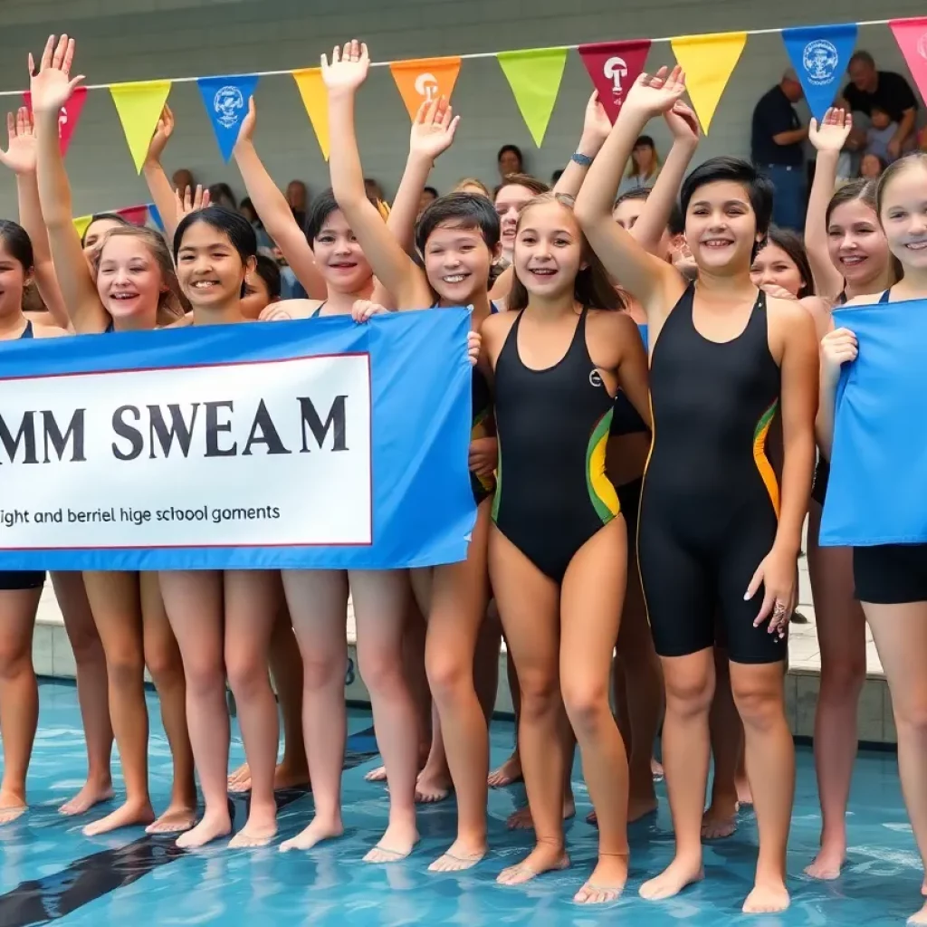 Group of young athletes celebrating a swimming award