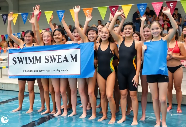 Group of young athletes celebrating a swimming award