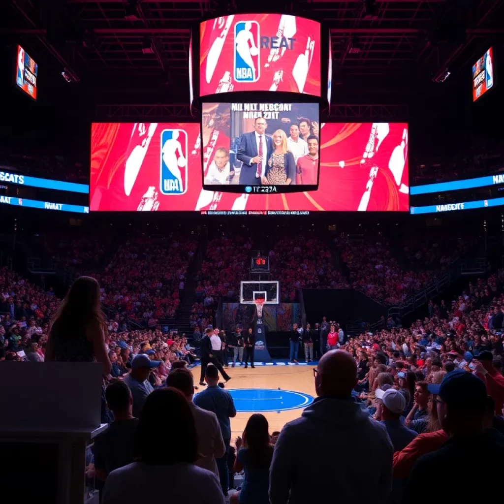 Fans celebrating during the NBA draft event with team colors and banners.