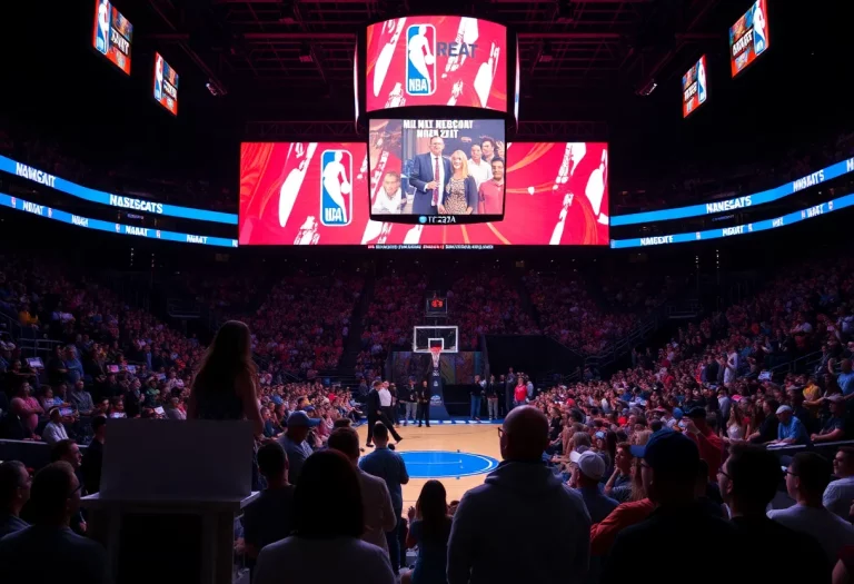 Fans celebrating during the NBA draft event with team colors and banners.