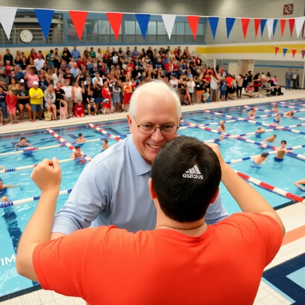 Celebration event for a retiring swim coach with swimmers and supporters.