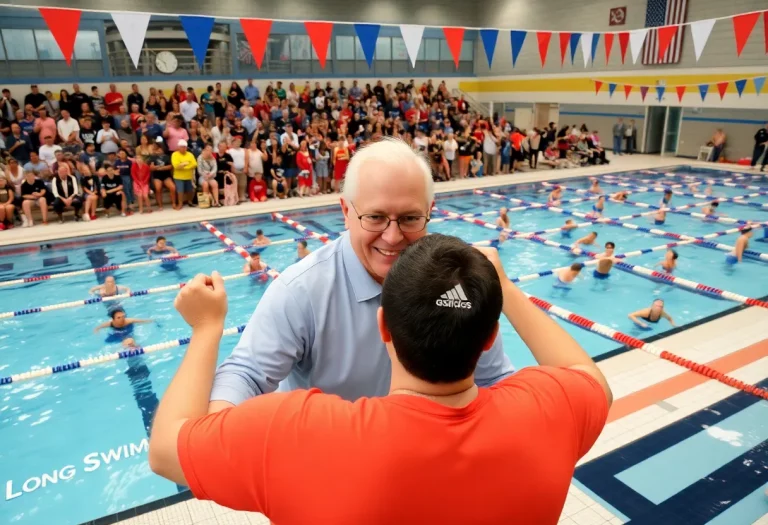 Celebration event for a retiring swim coach with swimmers and supporters.