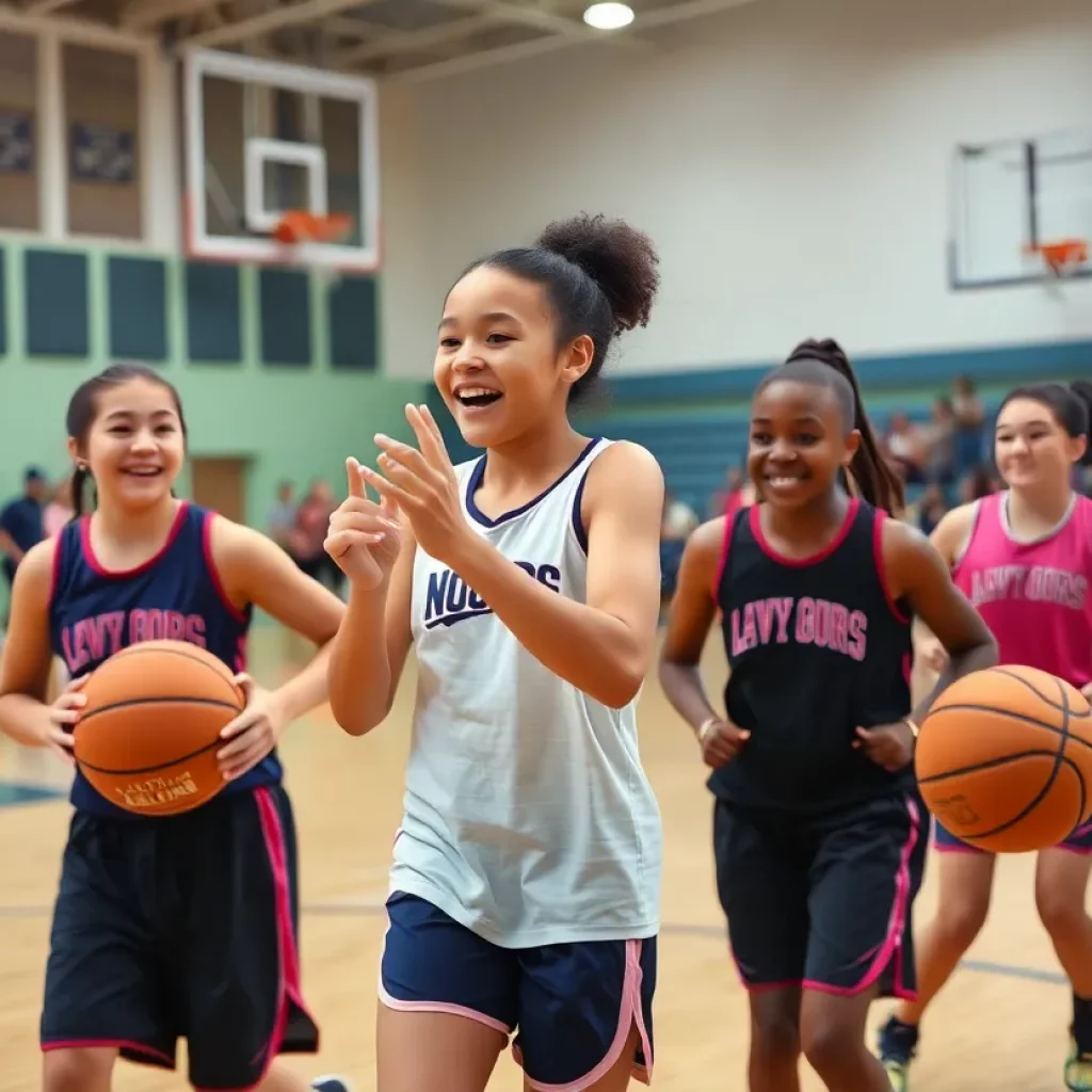 Young female basketball players practicing on the court at Central Hardin, demonstrating teamwork and determination.