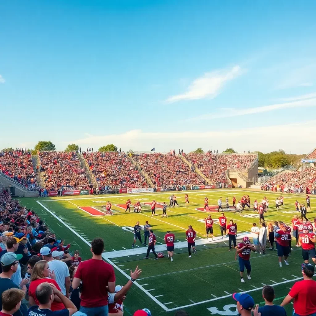 Football field with fans supporting their teams during high school football season.