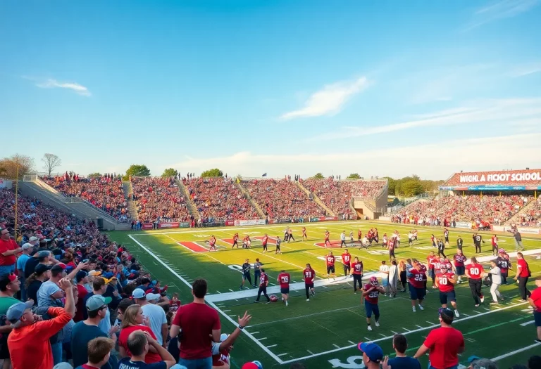 Football field with fans supporting their teams during high school football season.