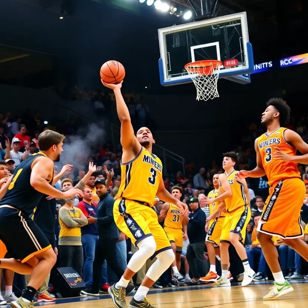 Action shot from a Charlotte Miners basketball game featuring players competing on the court.