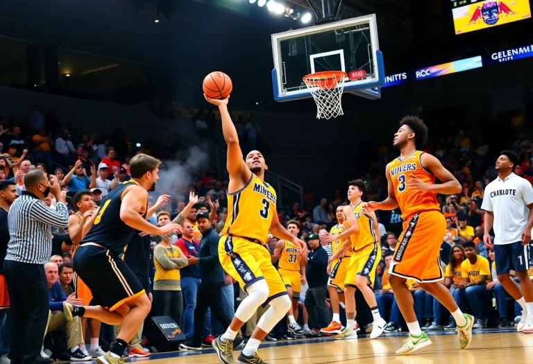 Action shot from a Charlotte Miners basketball game featuring players competing on the court.