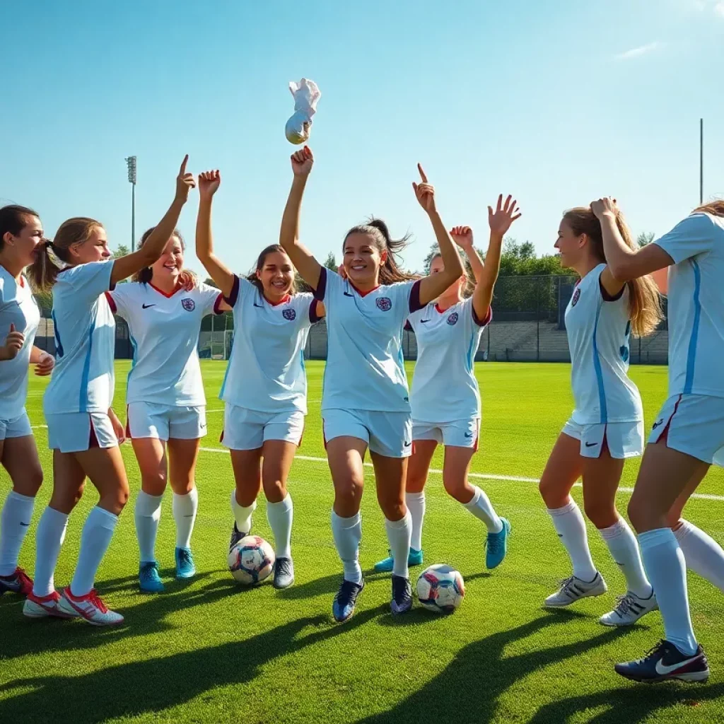 Young female soccer players celebrating on the field