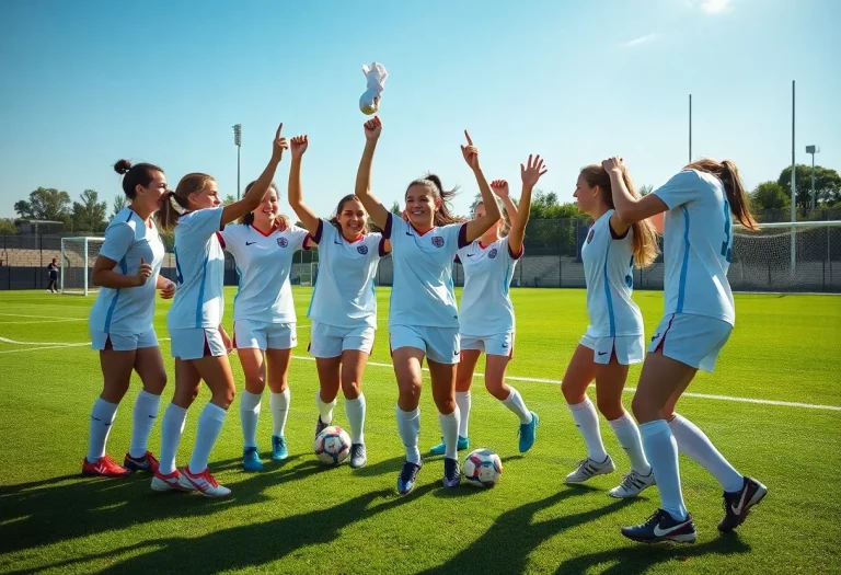 Young female soccer players celebrating on the field