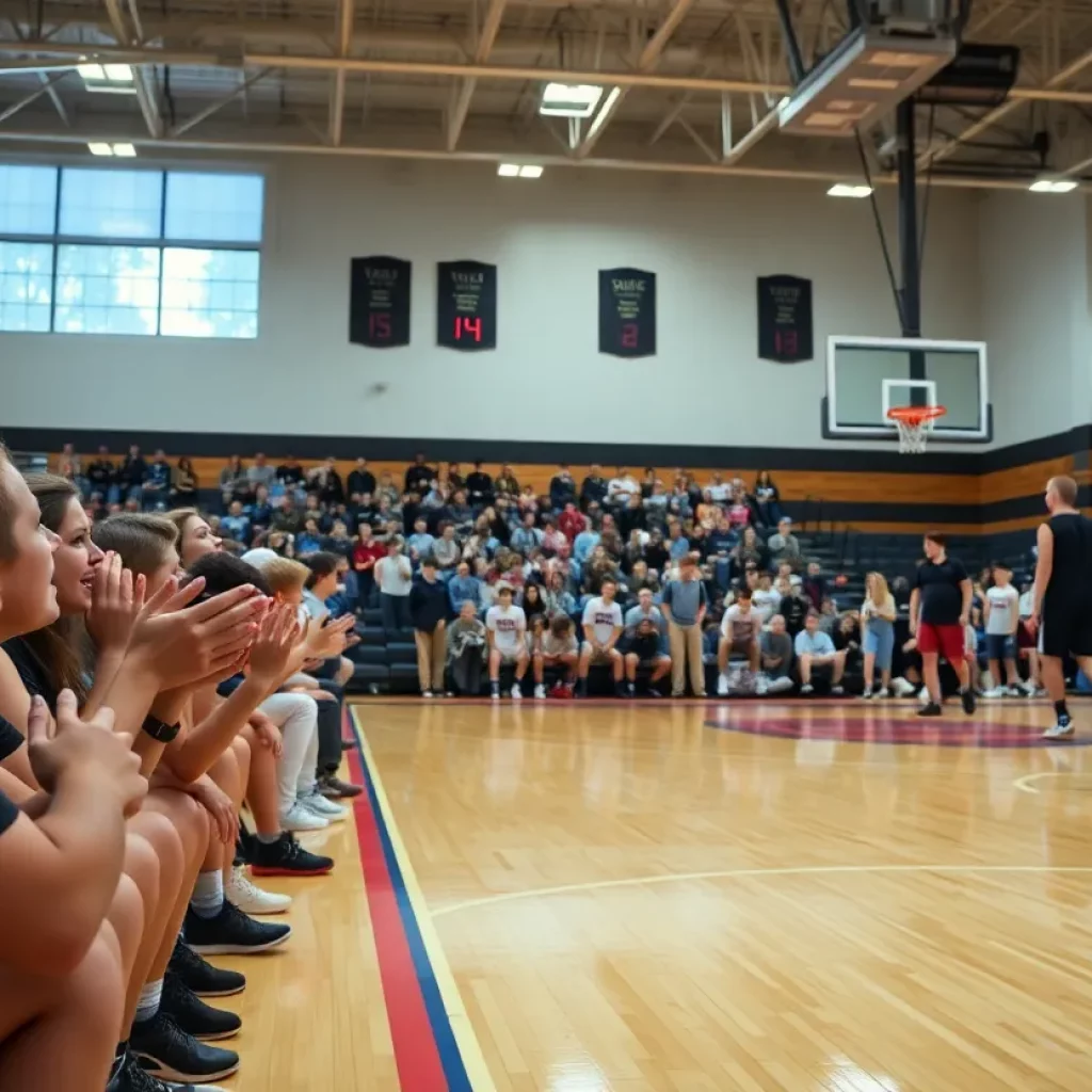 High school basketball game with cheering fans