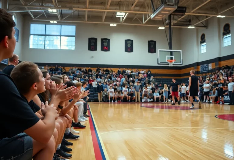 High school basketball game with cheering fans