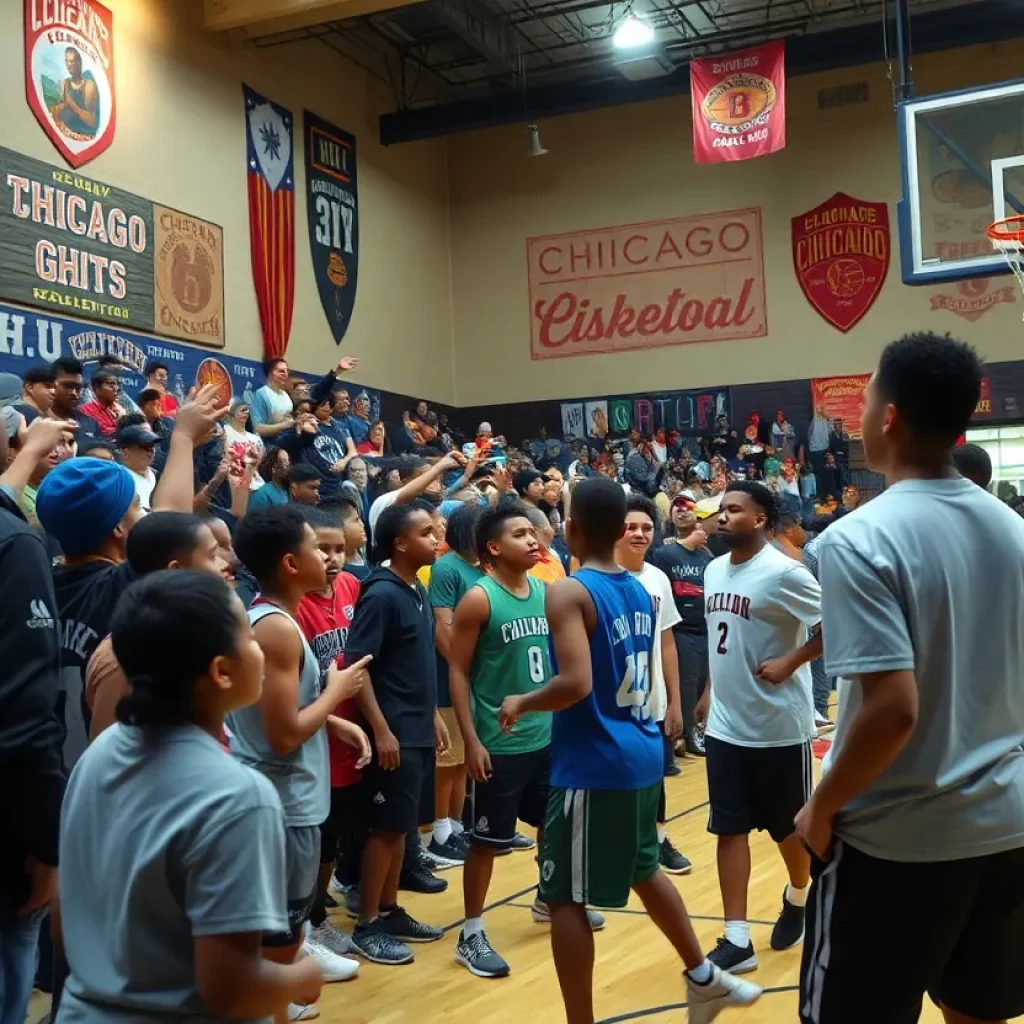 Energetic high school basketball scene in Chicago with players practicing.