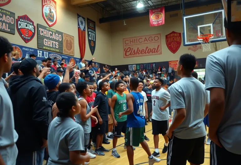 Energetic high school basketball scene in Chicago with players practicing.