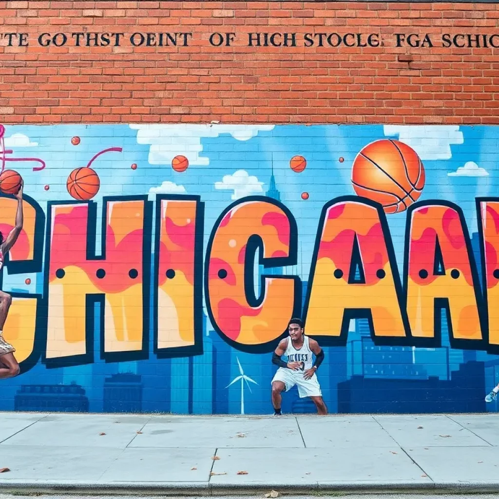 Mural celebrating Chicago high school basketball players.