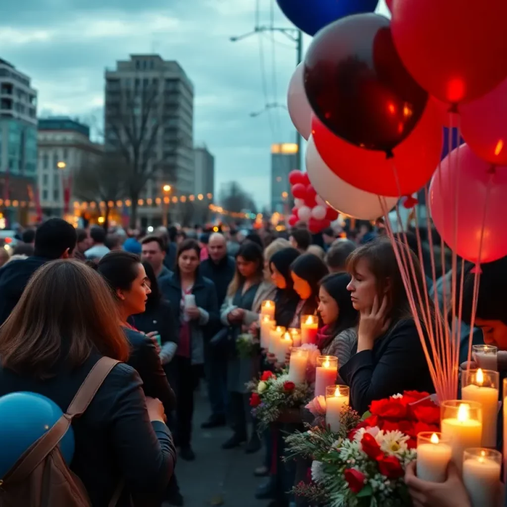 Community members gather in memory of a young life lost, with balloons and candles.