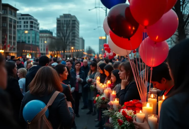 Community members gather in memory of a young life lost, with balloons and candles.
