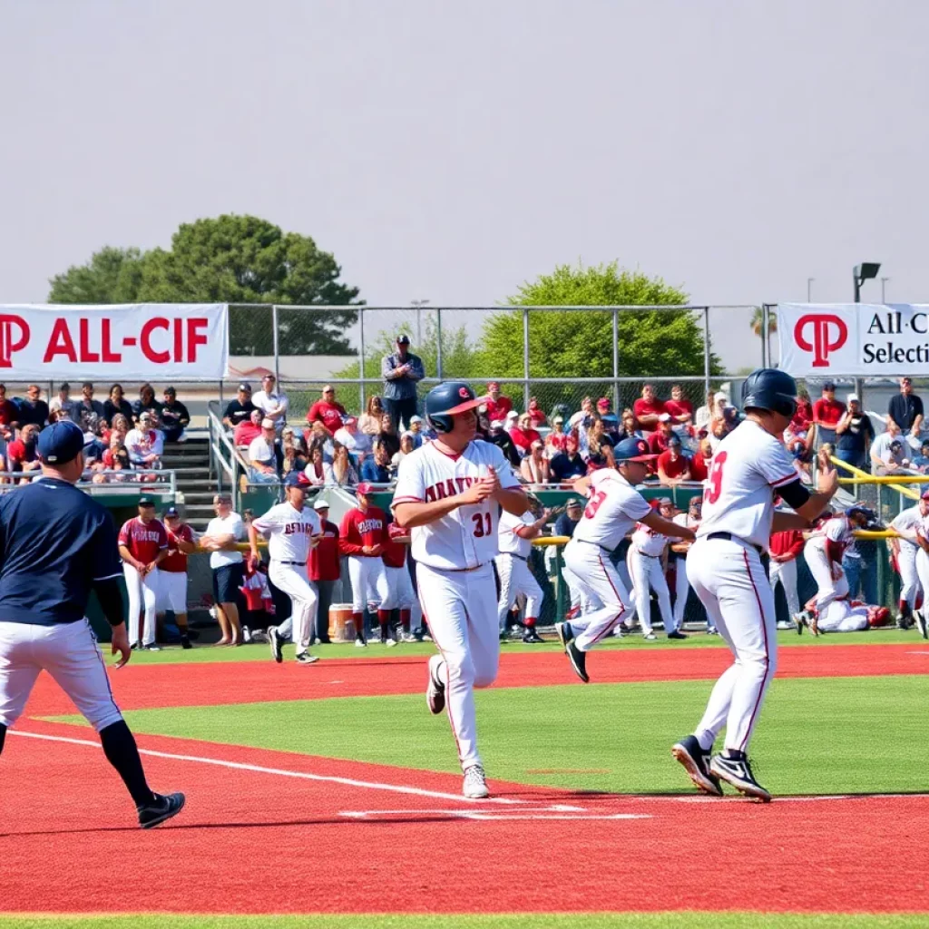 High school baseball players in action on the field during the CIF Southern Section All-CIF selections event.