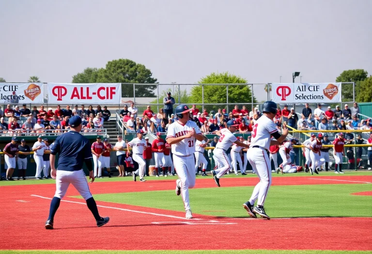 High school baseball players in action on the field during the CIF Southern Section All-CIF selections event.