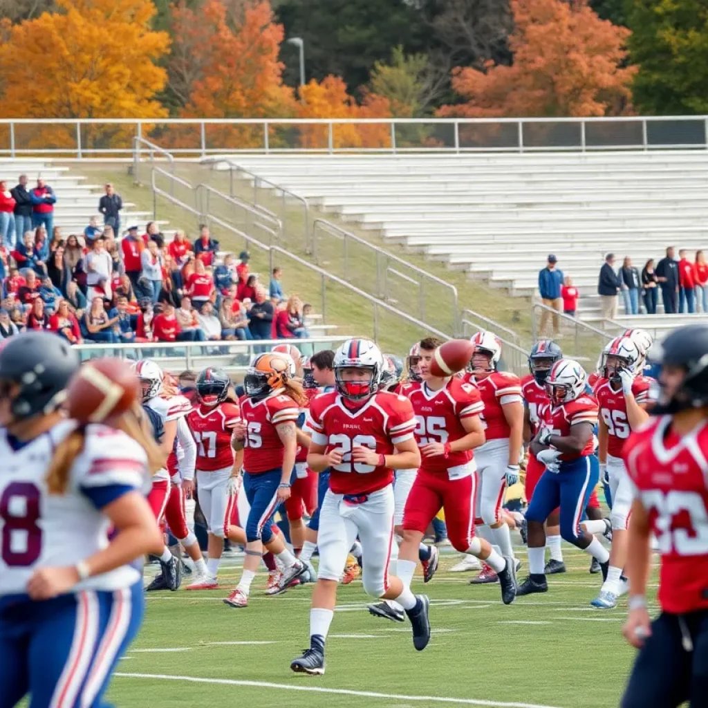 High school football players from the Class of 2026 in Michigan during a game.