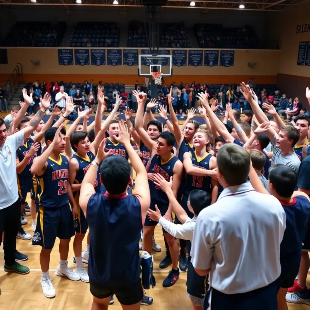 High school basketball team celebrating victory on the court.