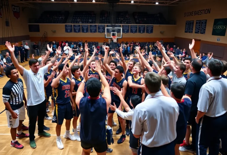 High school basketball team celebrating victory on the court.