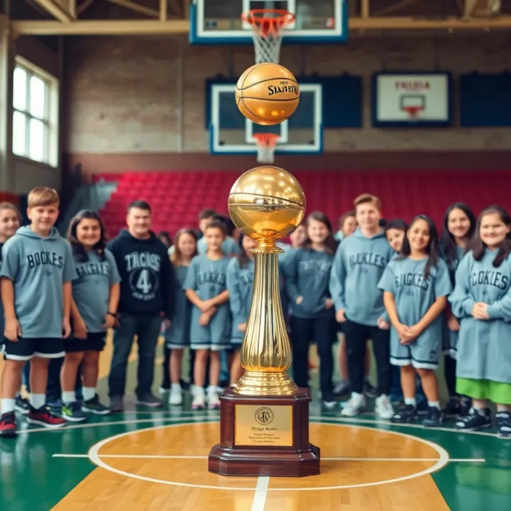 High school basketball court with celebratory atmosphere