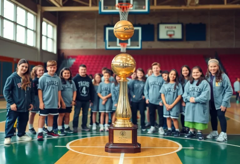 High school basketball court with celebratory atmosphere