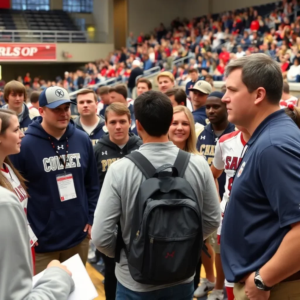College coaches interacting with high school athletes during recruitment.