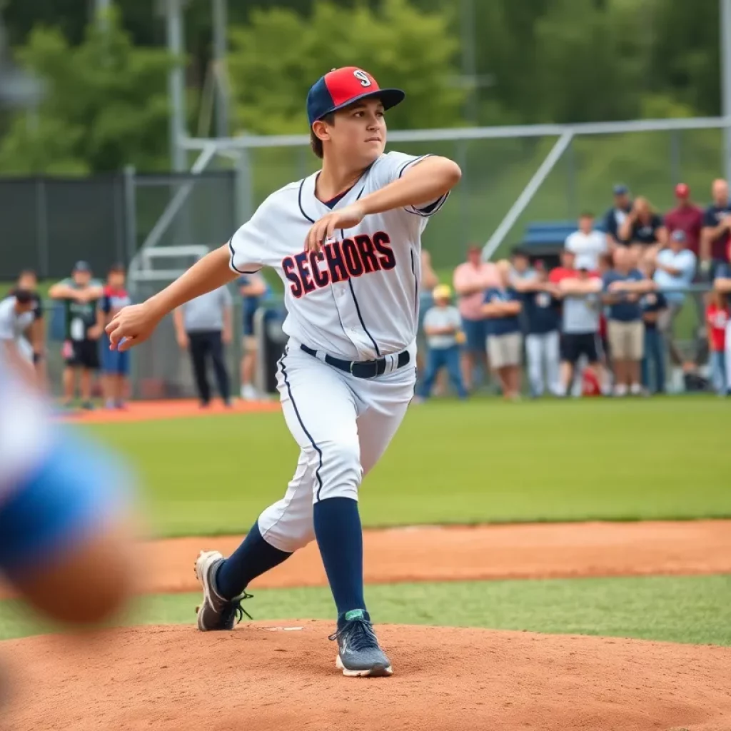 High school baseball pitcher delivering a pitch