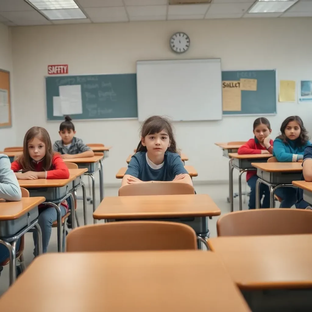 Classroom showing empty desks with concerned students' expressions