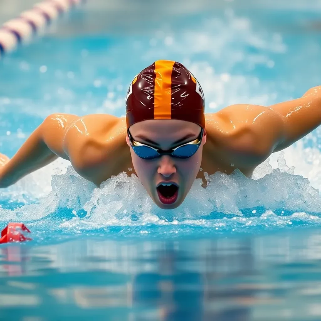 High school swimmer in the butterfly stroke competing in a championship