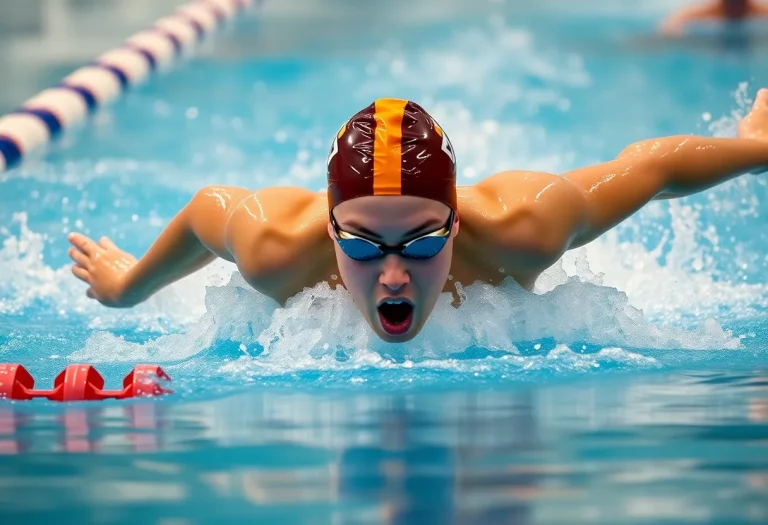 High school swimmer in the butterfly stroke competing in a championship