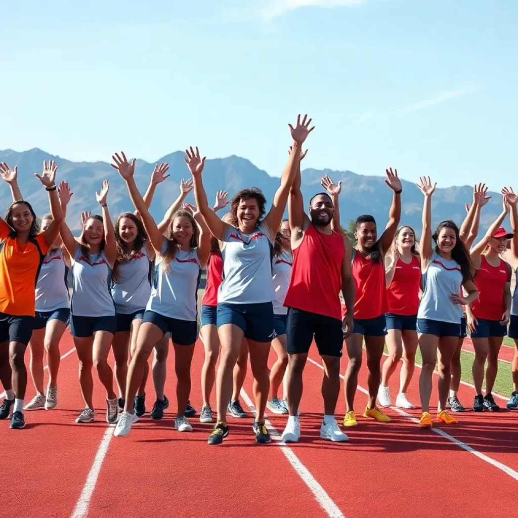 Celebration of Conrad girls track team with athletes on field
