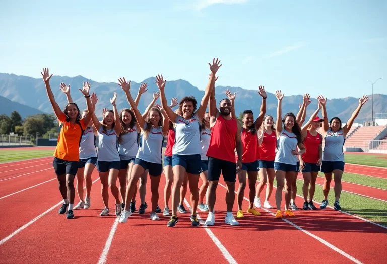 Celebration of Conrad girls track team with athletes on field