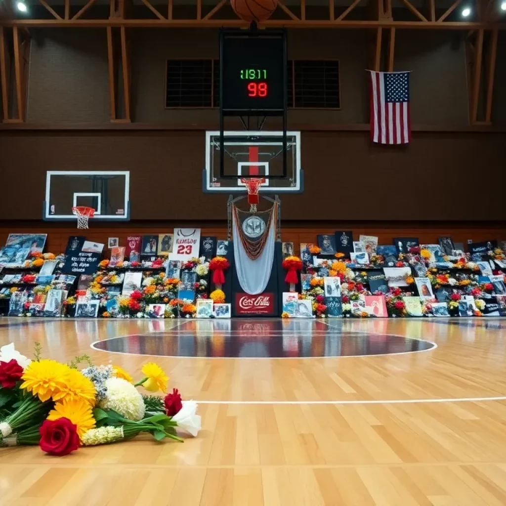 Tribute flowers and memorabilia on a basketball court