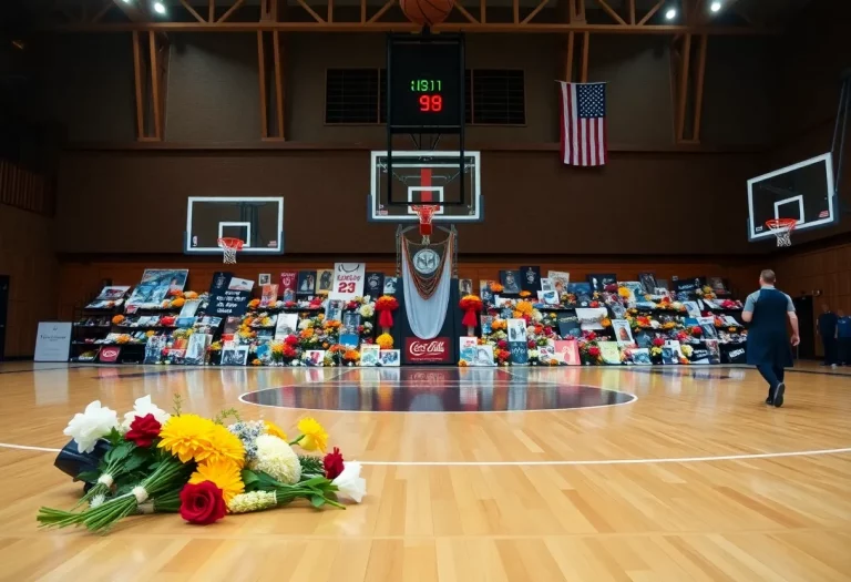 Tribute flowers and memorabilia on a basketball court