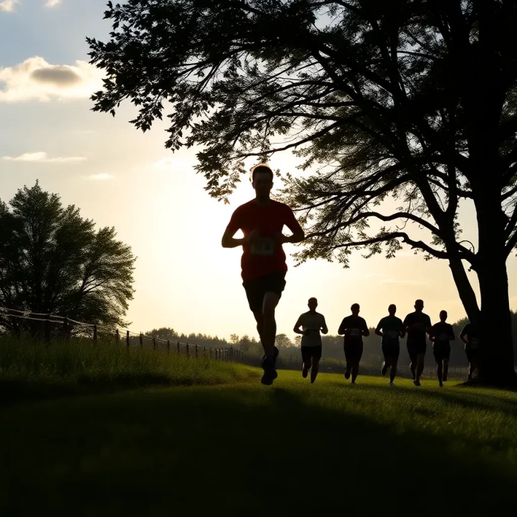 Runners silhouette on a cross country trail