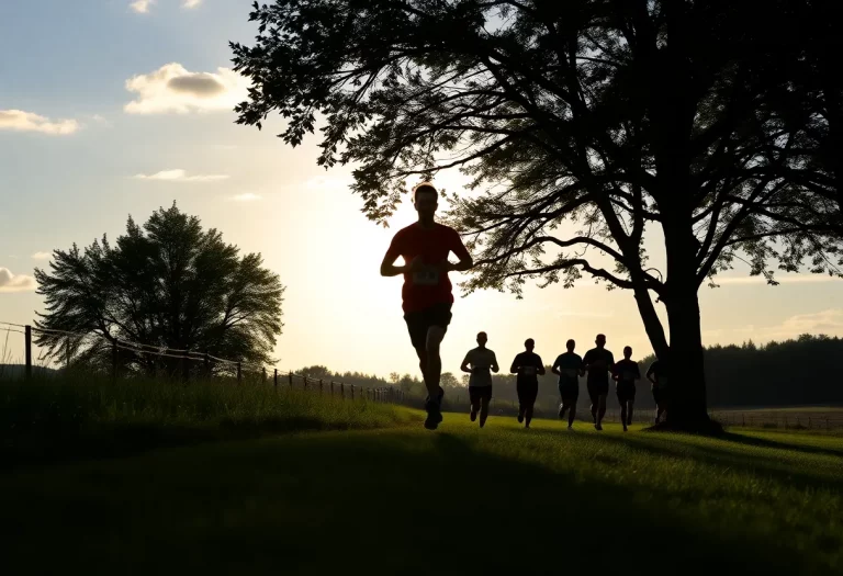 Runners silhouette on a cross country trail