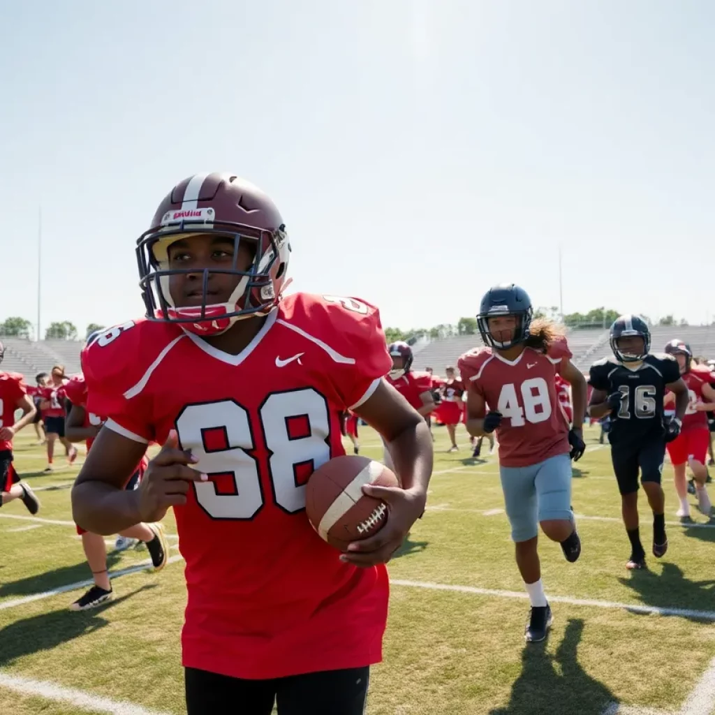 Group of young football players practicing on a field in Dallas