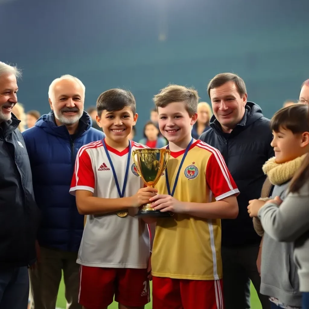 Young soccer player receiving award amidst celebration