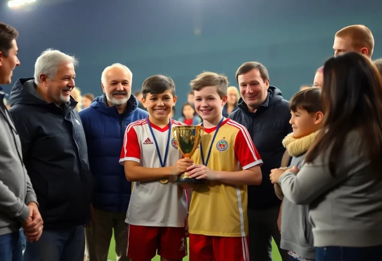 Young soccer player receiving award amidst celebration